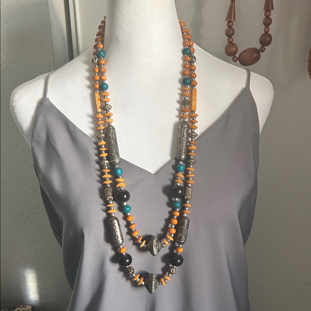 Handcrafted Double Layered Wood and Metallic Beaded Necklace with Silver Accents